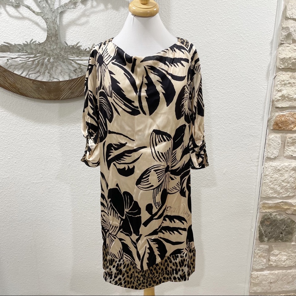 NWT Galliano Floral Animal Print Silk Dress Tan Black 40